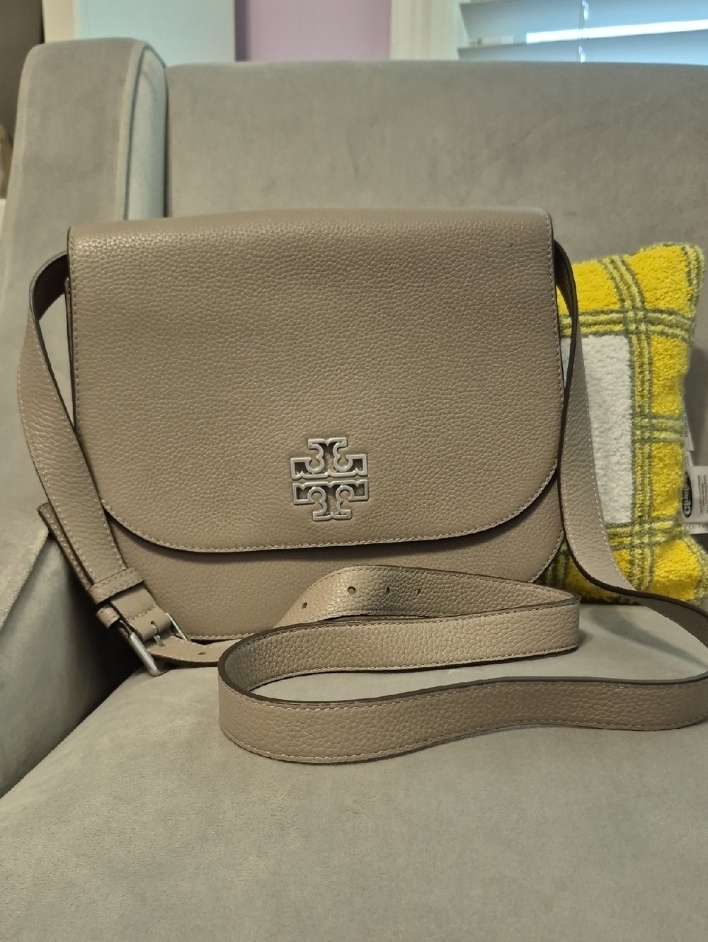 TORY BURCH Britten Taupe Pebbled Leather Crossbody